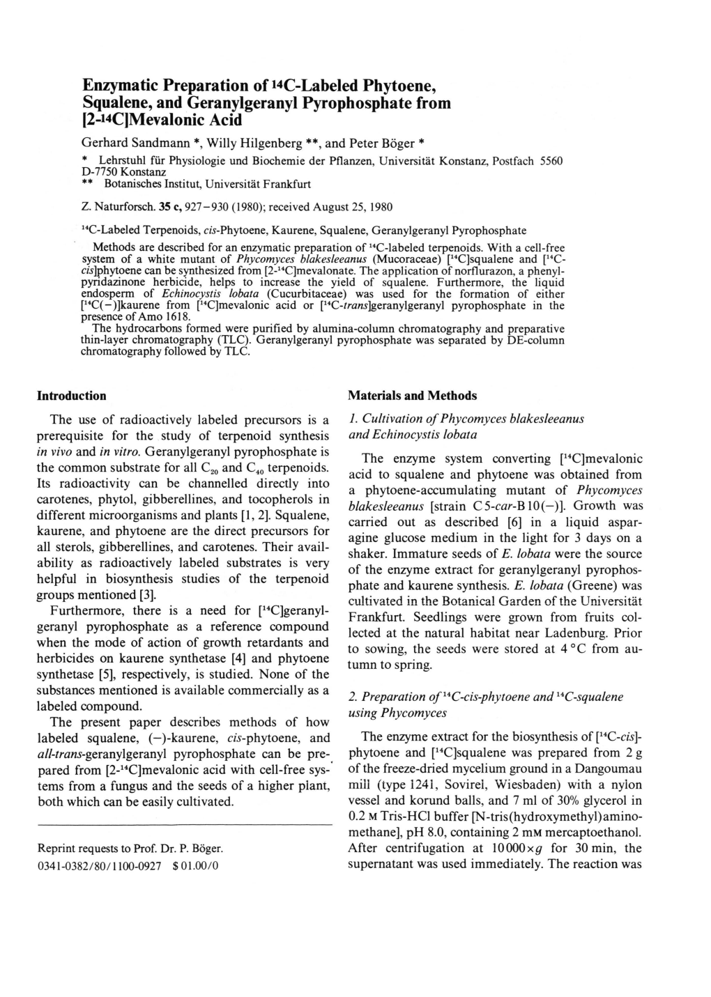 Enzymatic Preparation of I4c-Labeled Phytoene