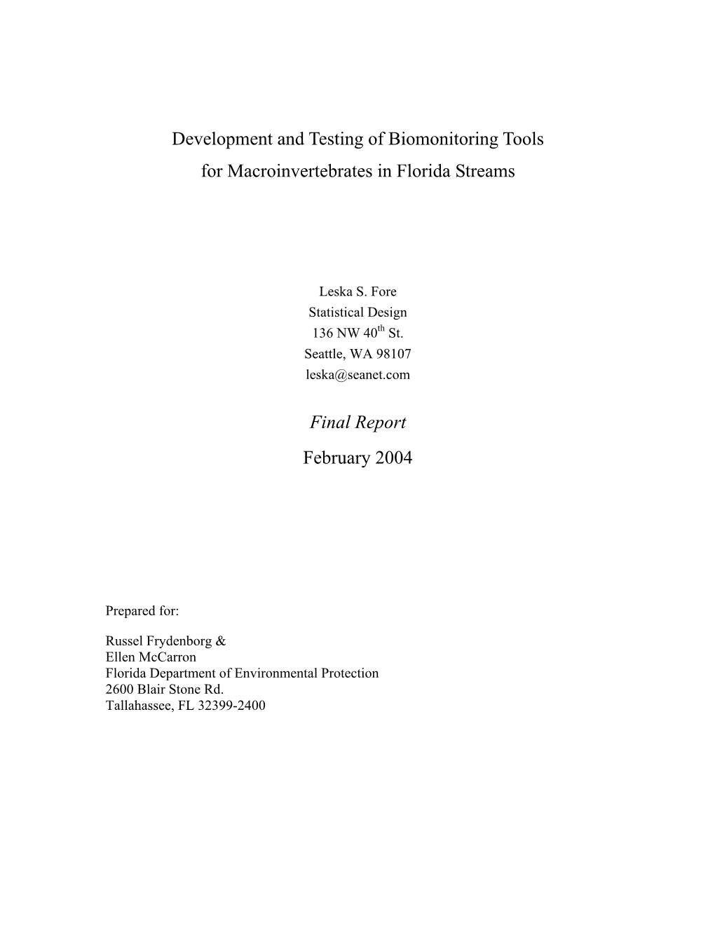 Development and Testing of Biomonitoring Tools for Macroinvertebrates in Florida Streams