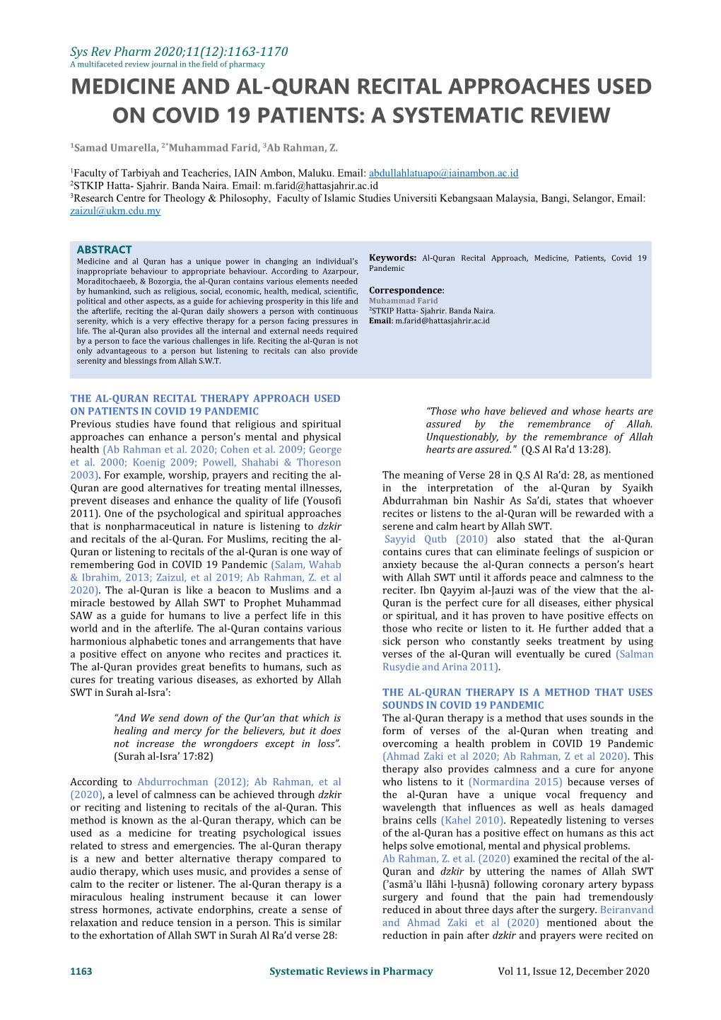 Medicine and Al-Quran Recital Approaches Used on Covid 19 Patients: a Systematic Review