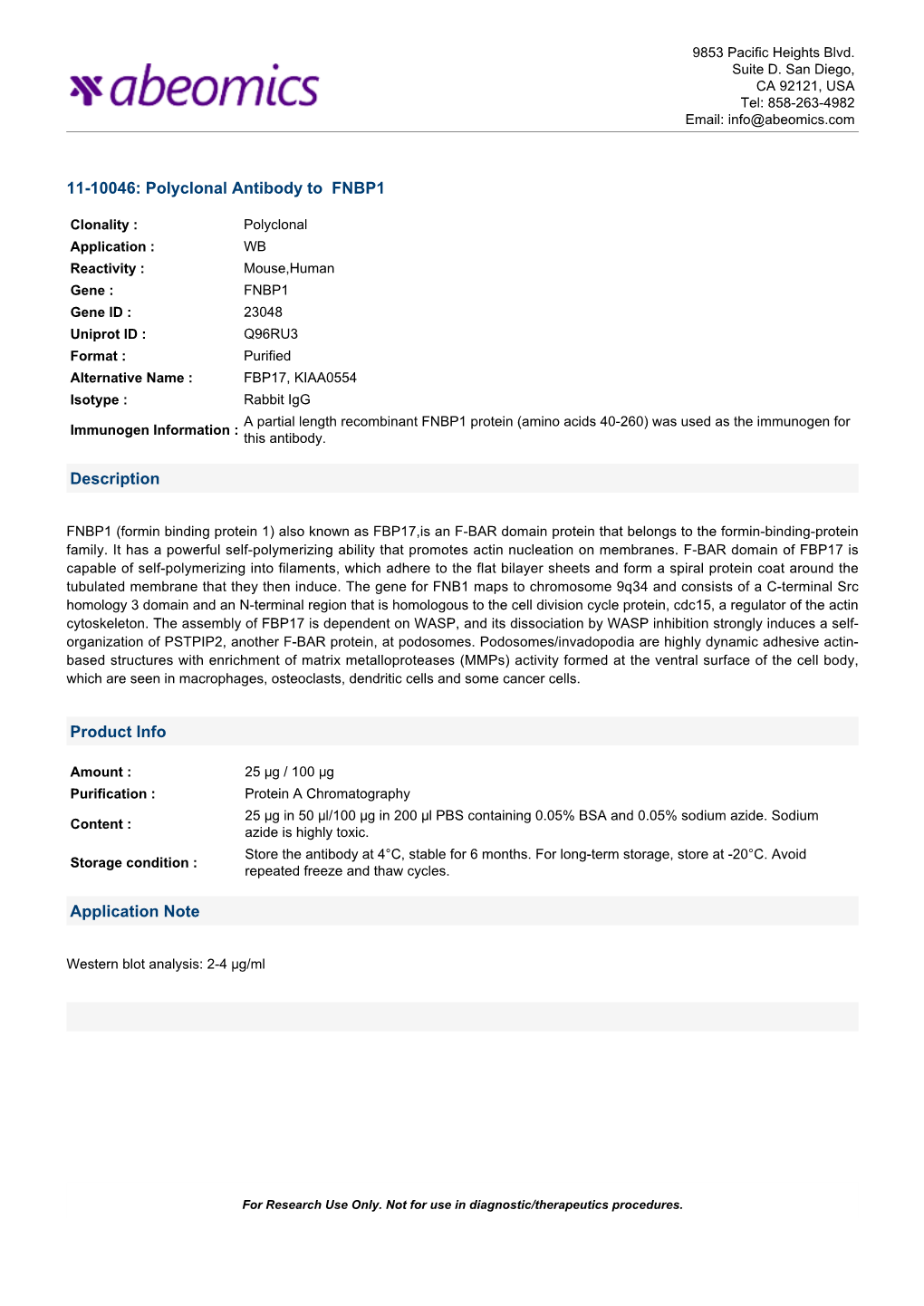 Polyclonal Antibody to FNBP1 Description Product Info