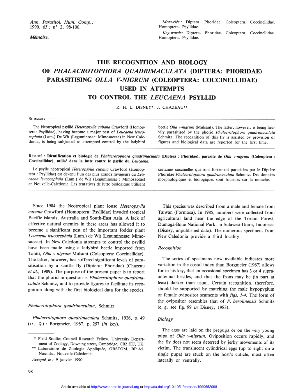 (Diptera: Phoridae) Parasitising Olla V-Nigrum (Coleoptera: Coccinellidae) Used in Attempts to Control the Leucaena Psyllid R