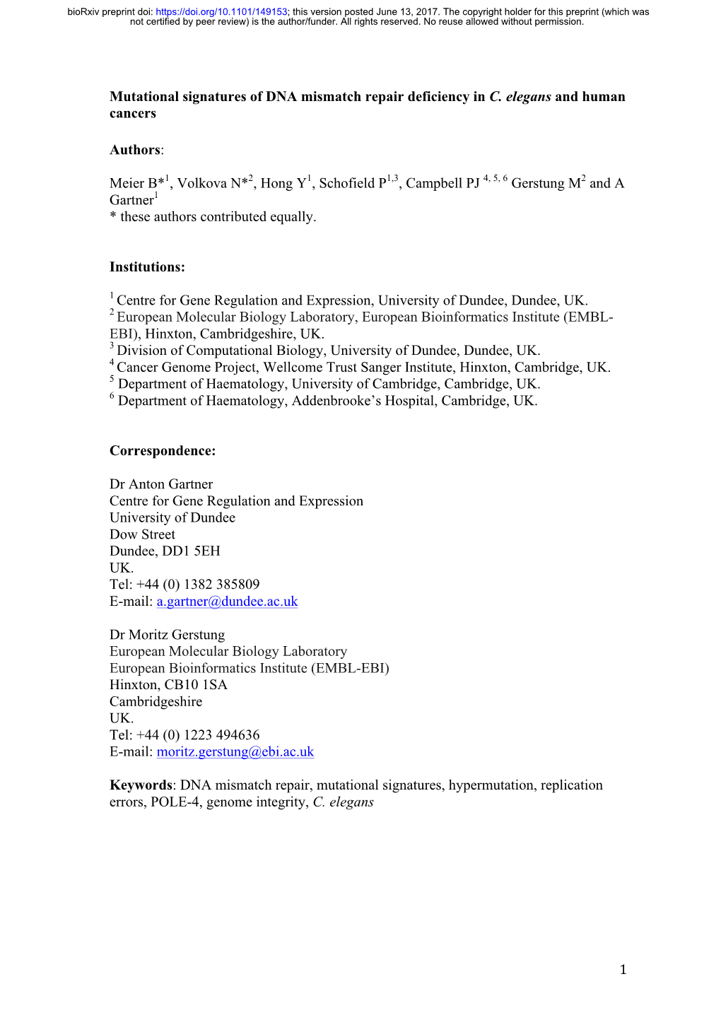 1 Mutational Signatures of DNA Mismatch Repair Deficiency in C