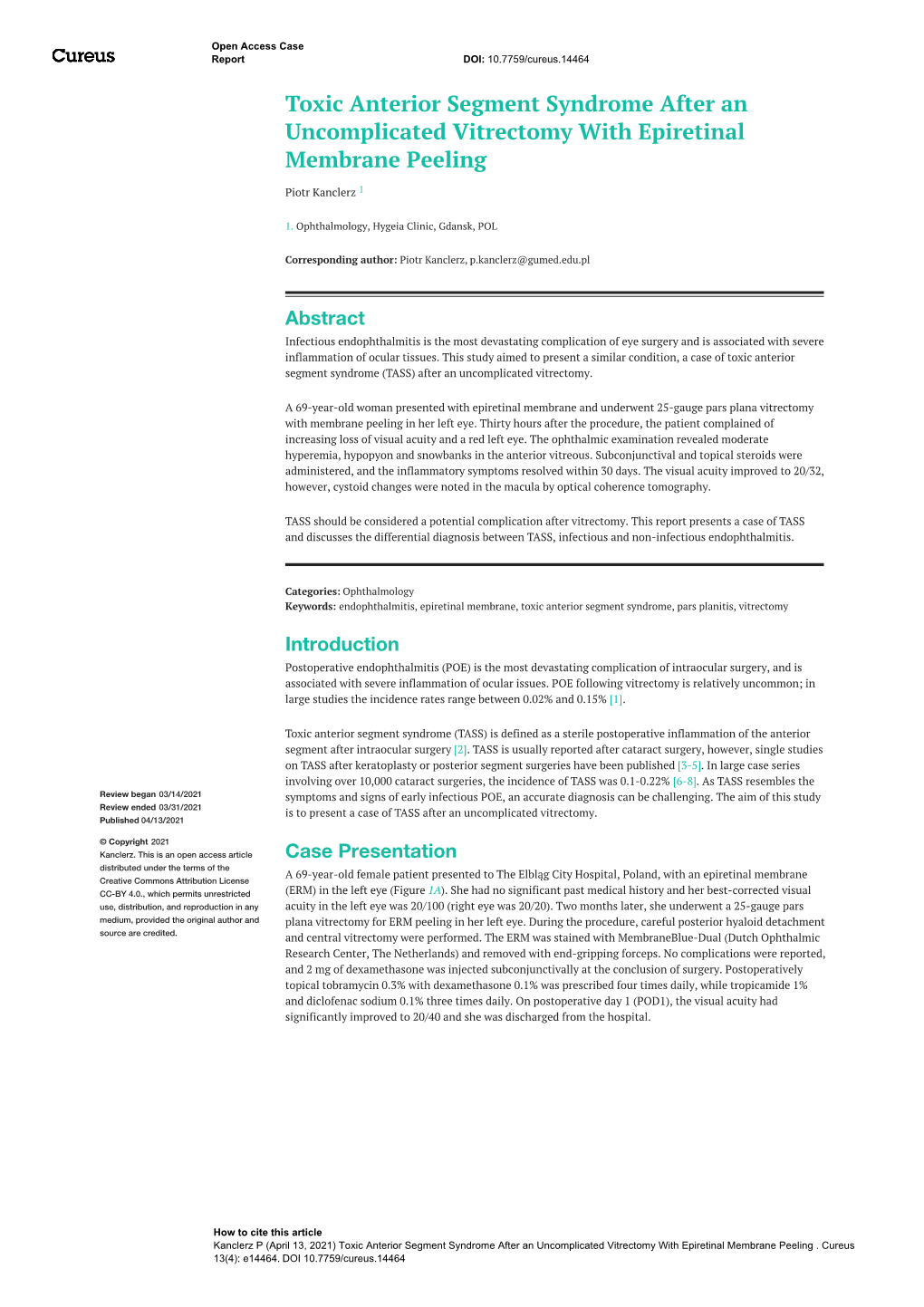 Toxic Anterior Segment Syndrome After an Uncomplicated Vitrectomy with Epiretinal Membrane Peeling