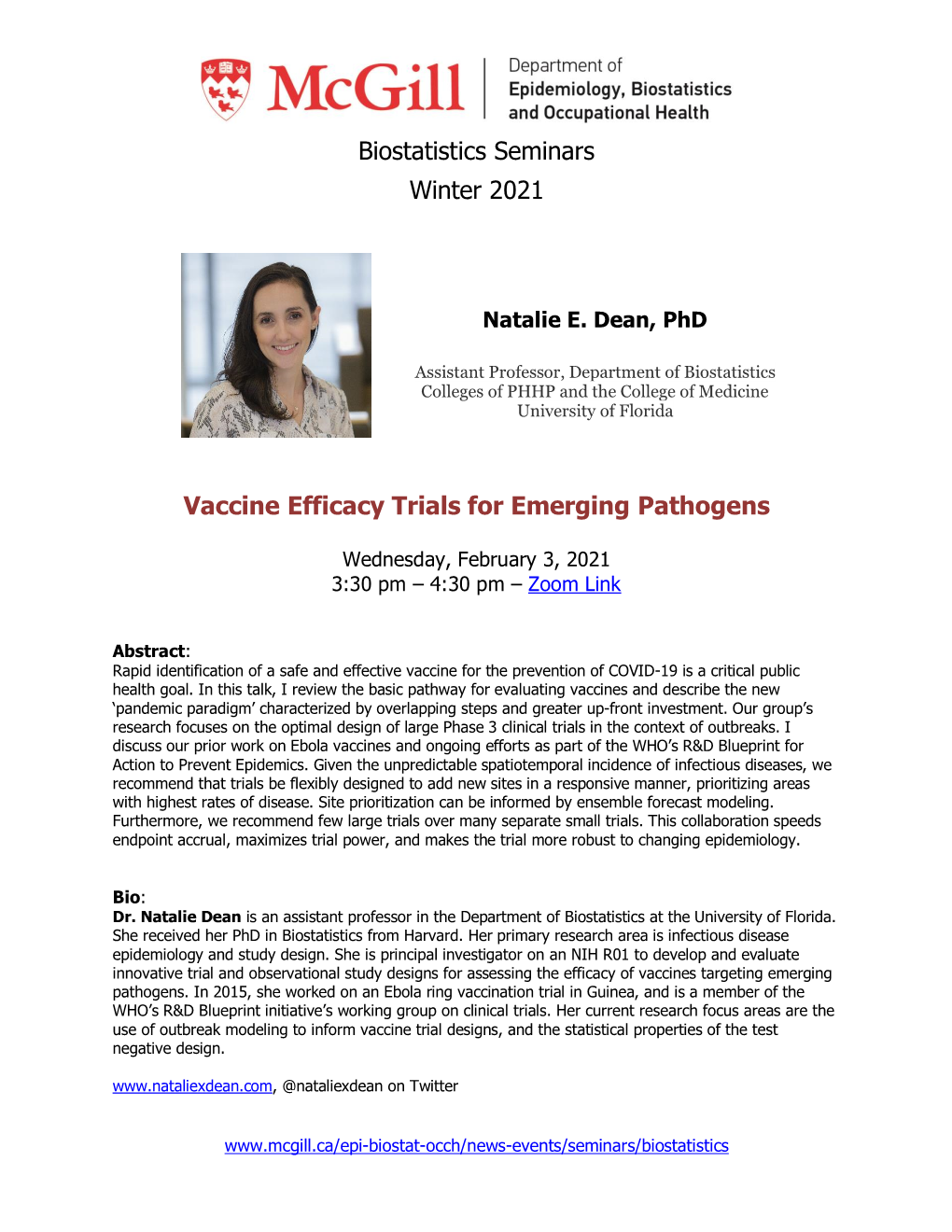 Biostatistics Seminars Winter 2021 Vaccine Efficacy Trials for Emerging