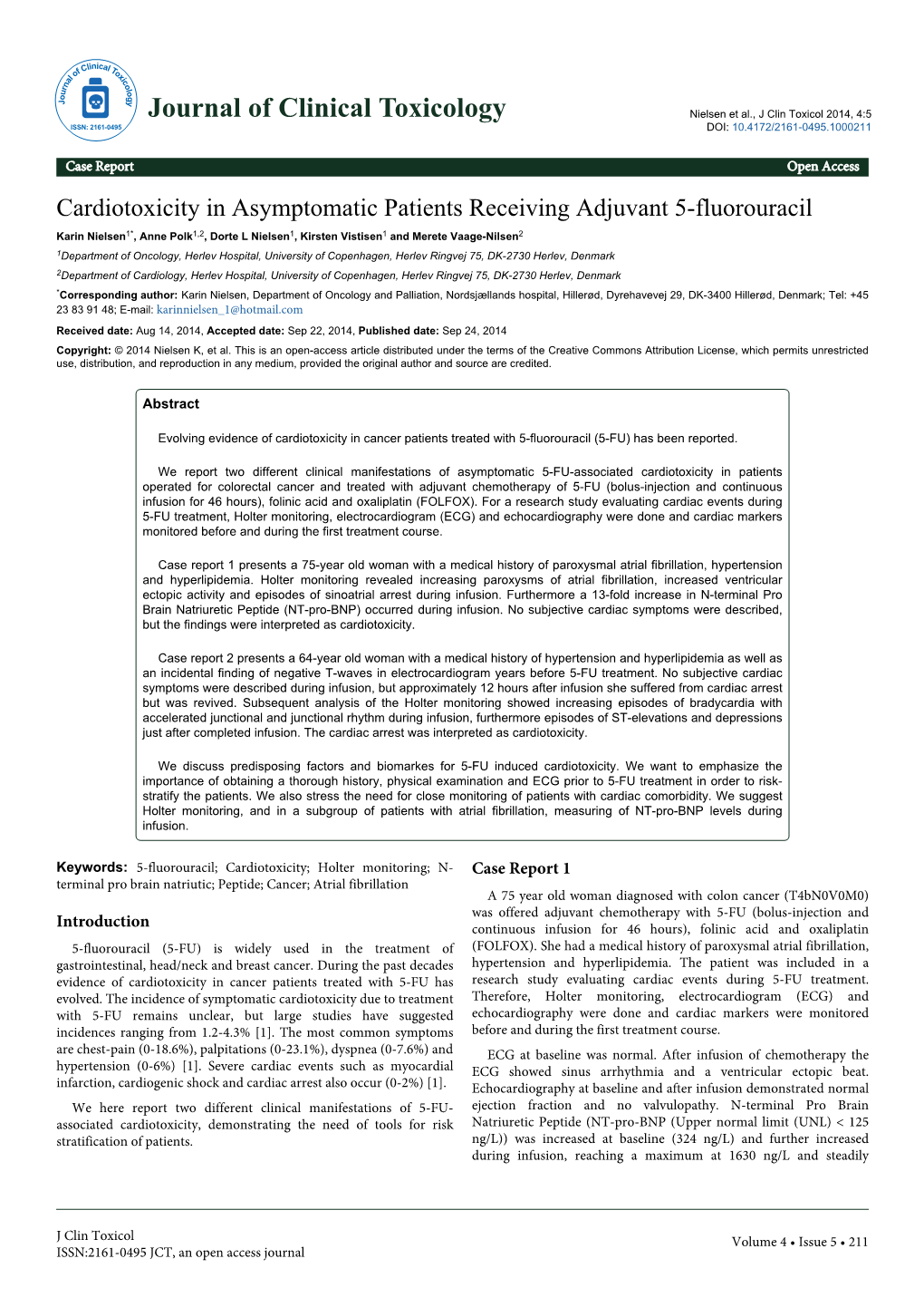 Journal of Clinical Toxicology Nielsen Et Al., J Clin Toxicol 2014, 4:5 ISSN: 2161-0495 DOI: 10.4172/2161-0495.1000211