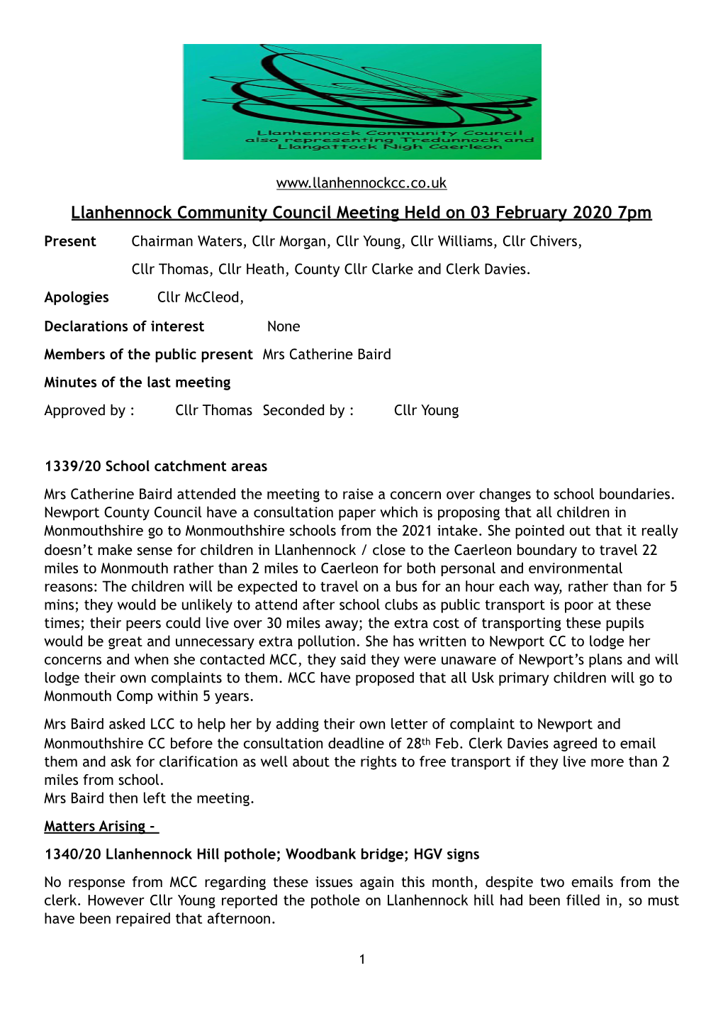 Llanhennock Community Council Meeting Held on 03 February 2020