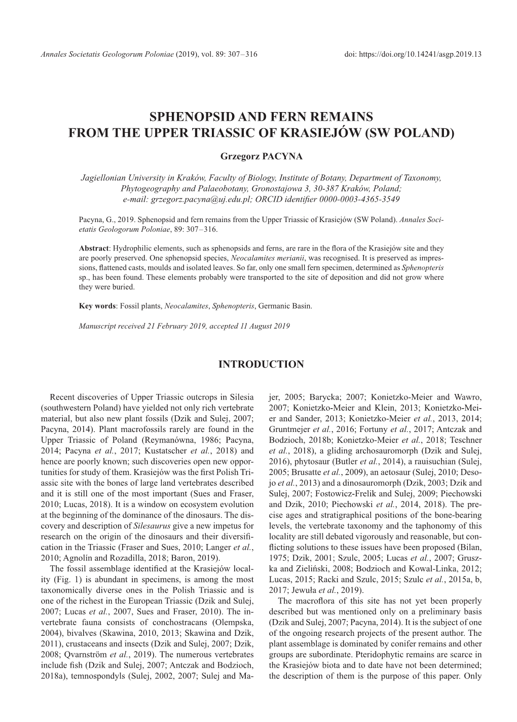 Sphenopsid and Fern Remains from the Upper Triassic of Krasiejów (Sw Poland)