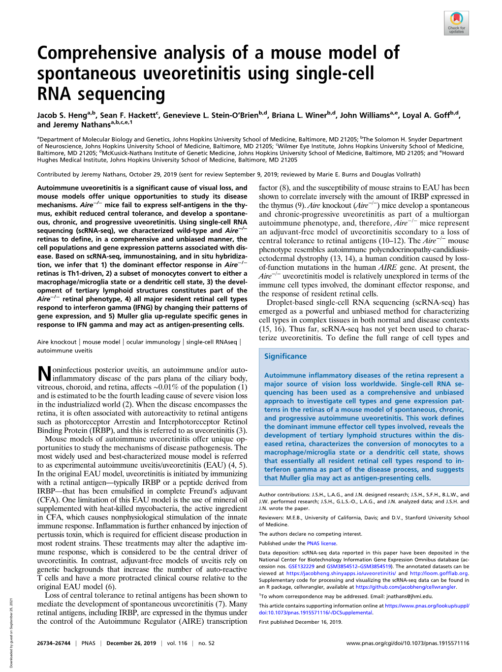 Comprehensive Analysis of a Mouse Model of Spontaneous Uveoretinitis Using Single-Cell RNA Sequencing