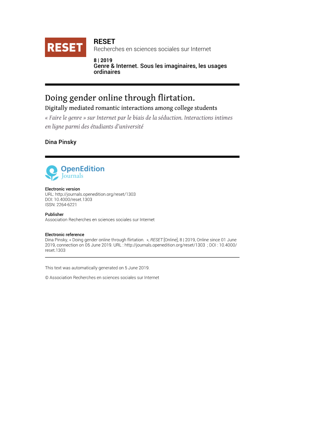 Doing Gender Online Through Flirtation. Digitally Mediated Romantic Interactions Among College Students « Faire Le Genre » Sur Internet Par Le Biais De La Séduction