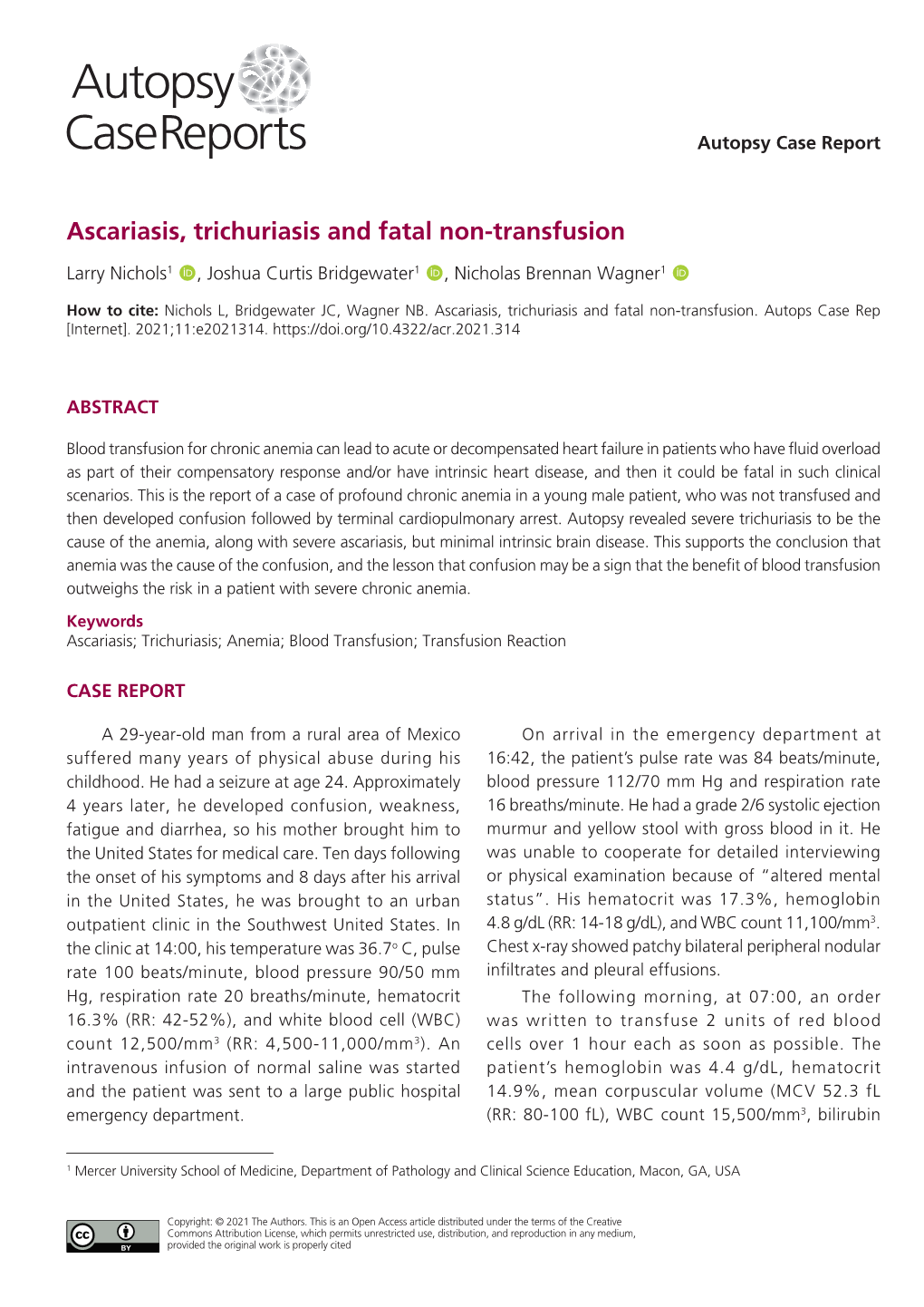 Ascariasis, Trichuriasis and Fatal Non-Transfusion