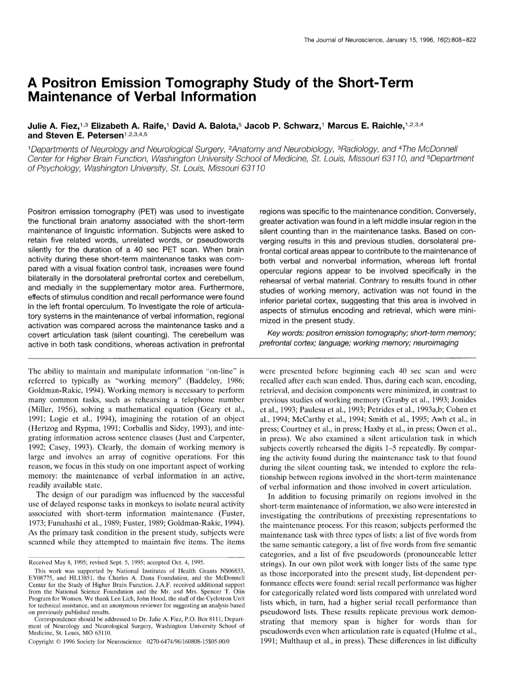 A Positron Emission Tomography Study of the Short-Term Maintenance of Verbal Information