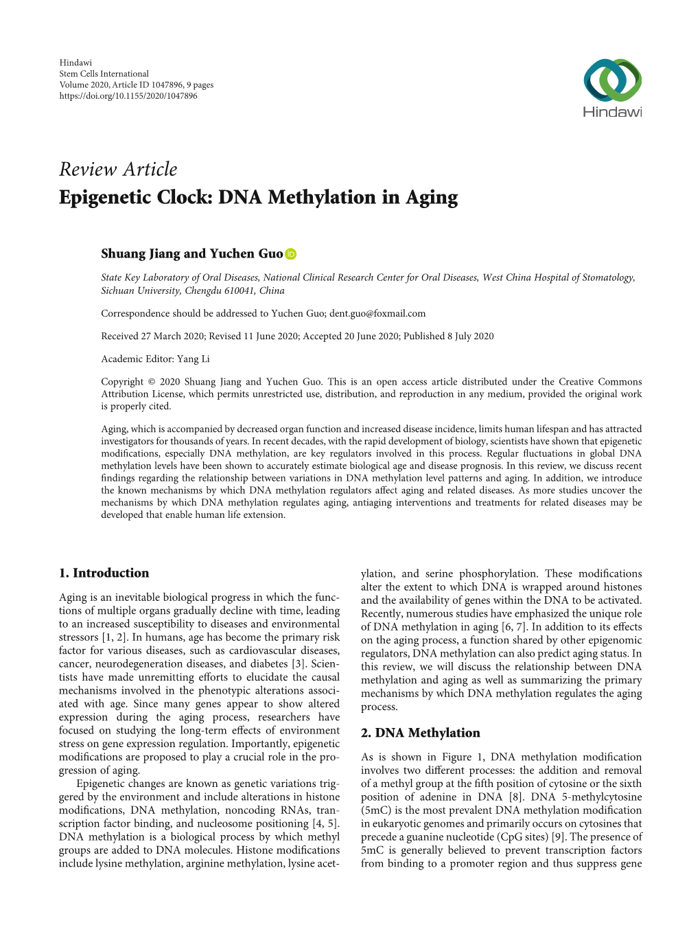 Epigenetic Clock: DNA Methylation in Aging