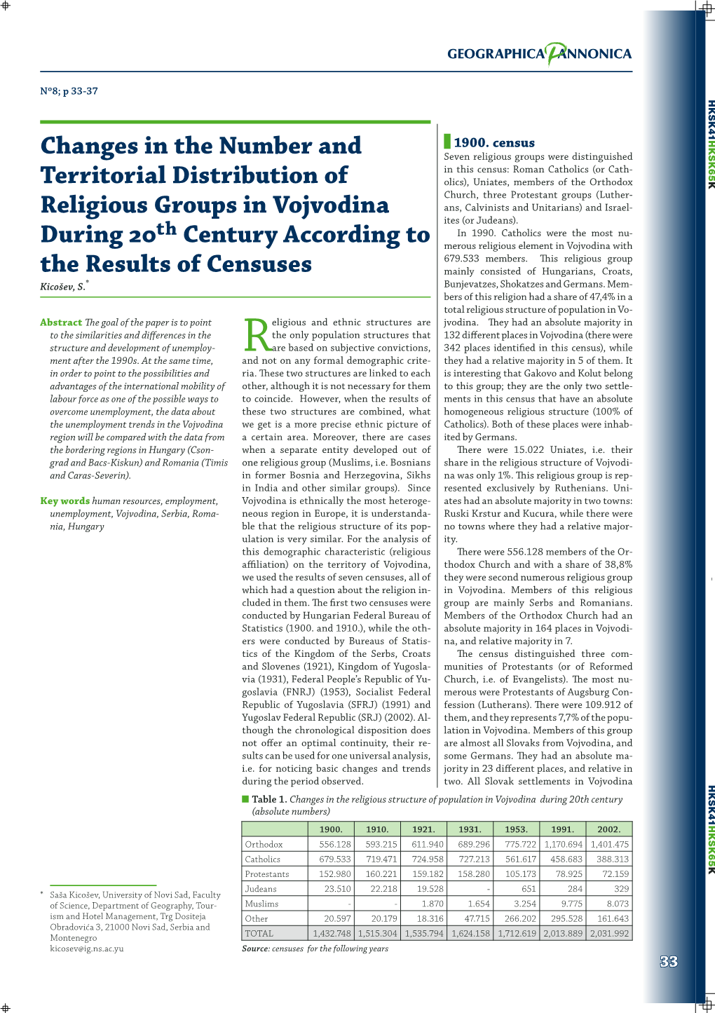 Changes in the Number and Territorial Distribution of Religious Groups In