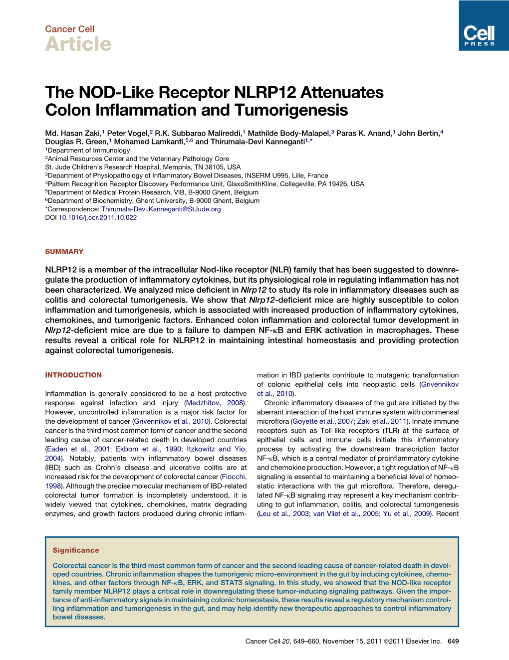 The NOD-Like Receptor NLRP12 Attenuates Colon Inflammation And