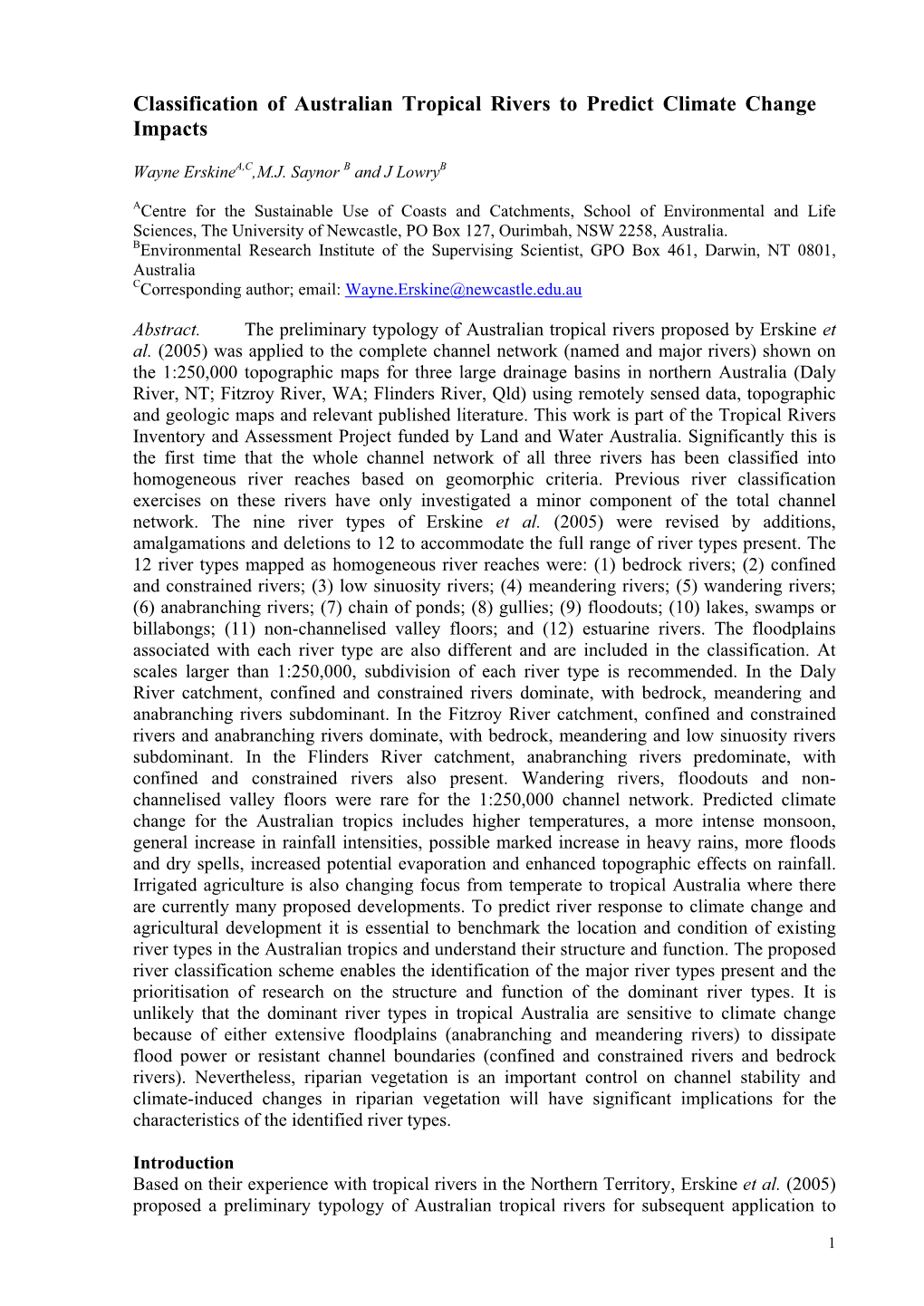 Classification of Australian Tropical Rivers to Predict Climate Change Impacts