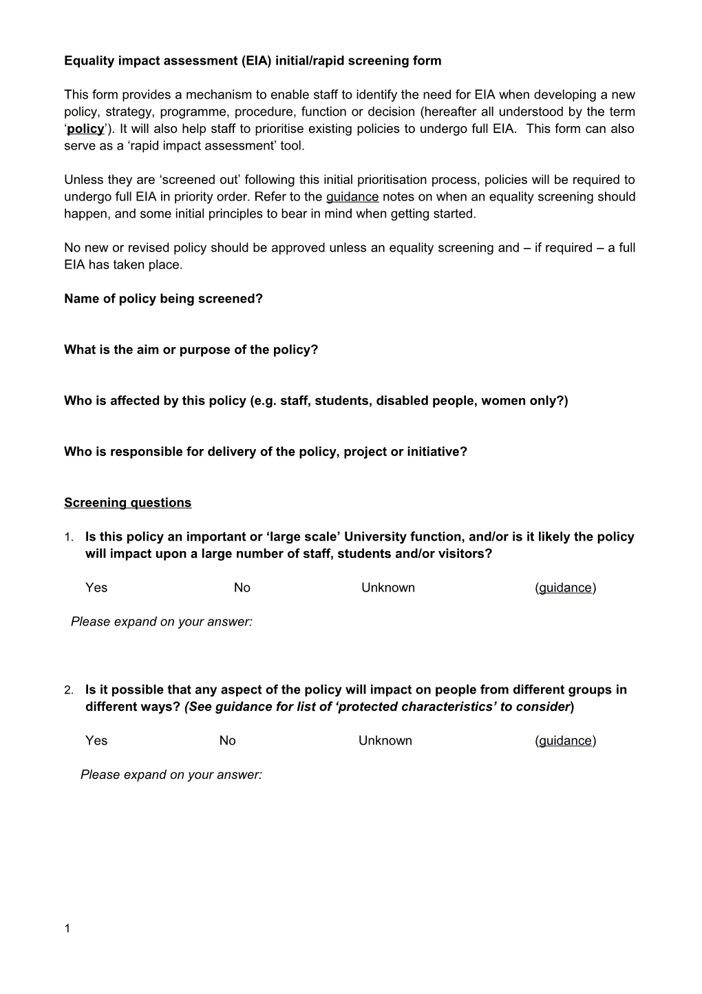 Equality Impact Assessment (EIA) Initial/Rapid Screening Form