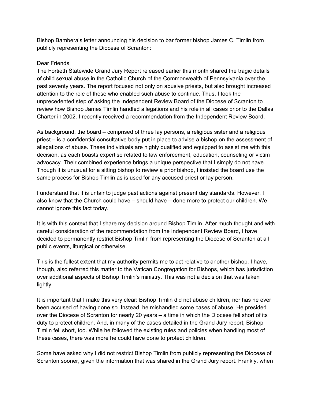 Bishop Bambera's Letter Announcing His Decision to Bar Former Bishop James C. Timlin from Publicly Representing the Diocese Of