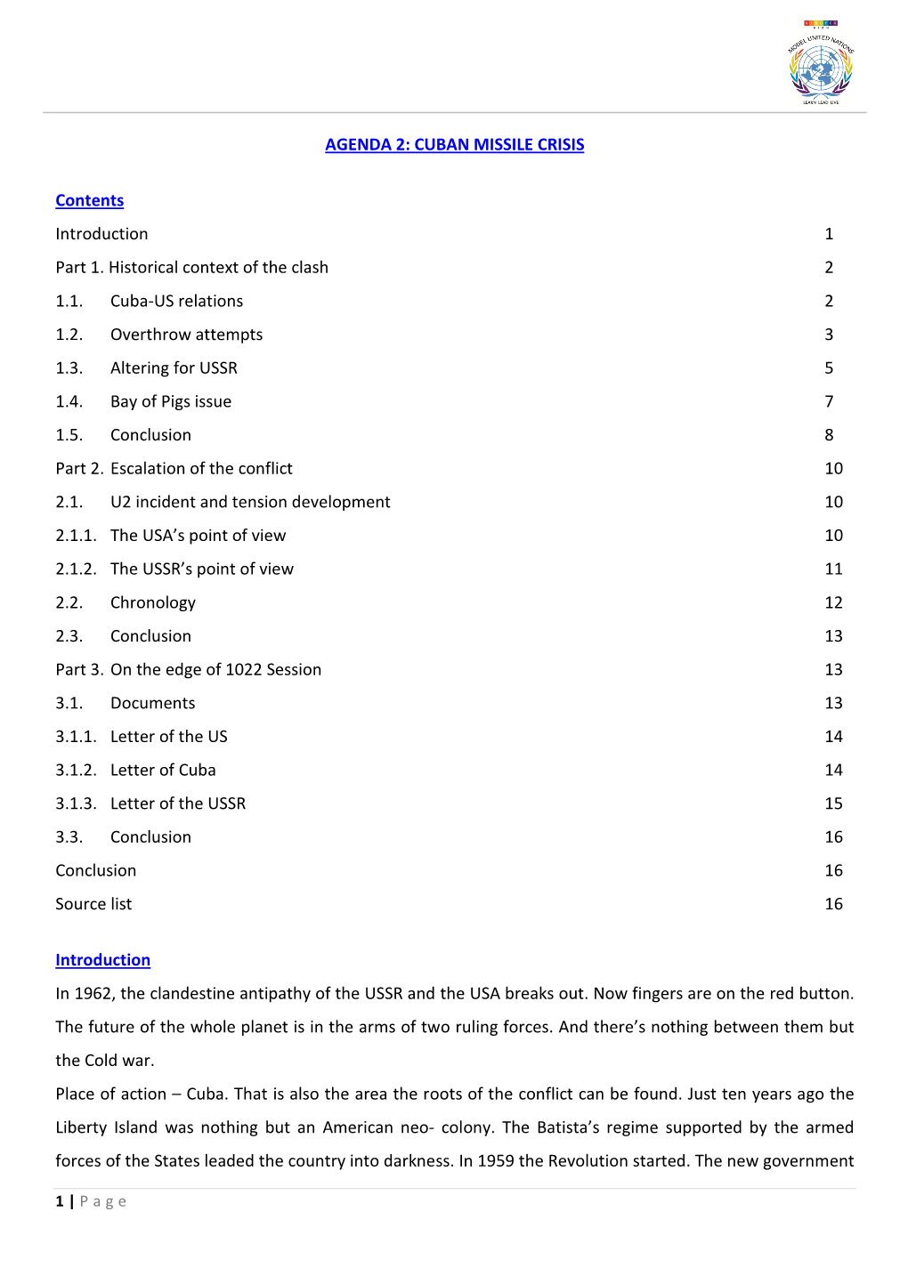 CUBAN MISSILE CRISIS Contents Introduction 1 Part