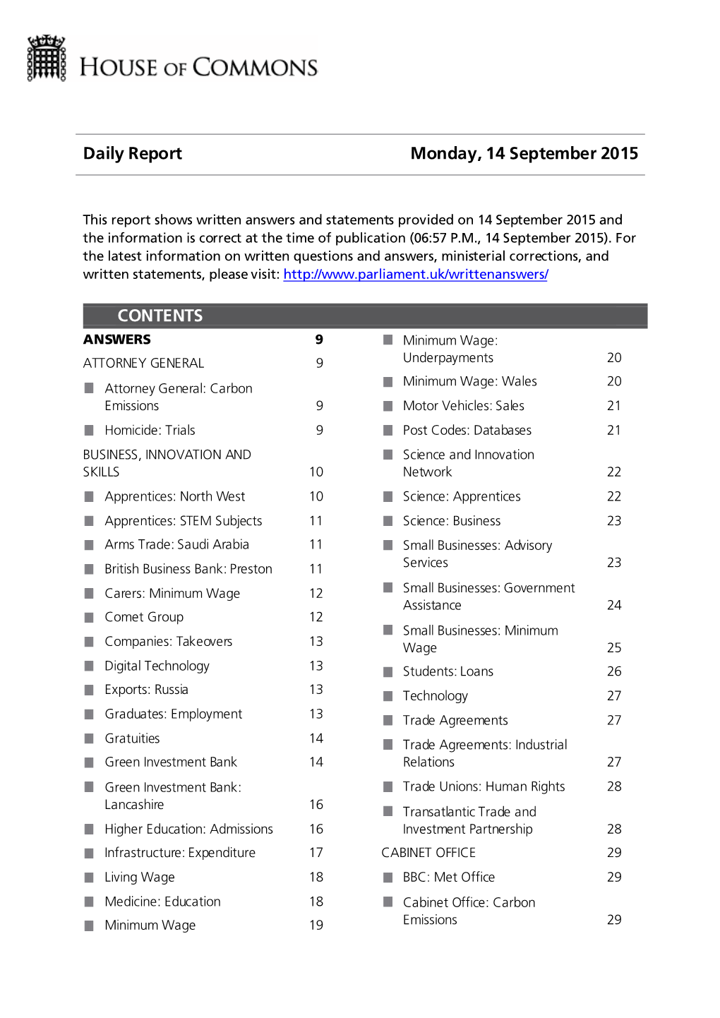 Daily Report Monday, 14 September 2015 CONTENTS