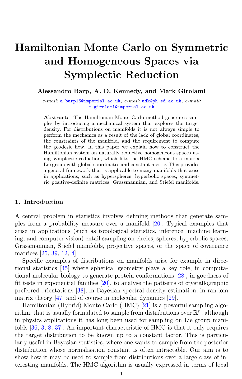 Hamiltonian Monte Carlo on Symmetric and Homogeneous Spaces Via Symplectic Reduction