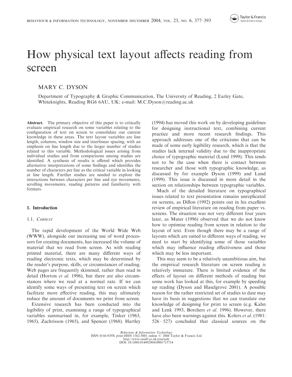 How Physical Text Layout Affects Reading from Screen