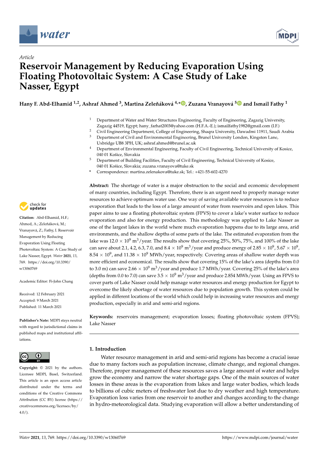 Reservoir Management by Reducing Evaporation Using Floating Photovoltaic System: a Case Study of Lake Nasser, Egypt