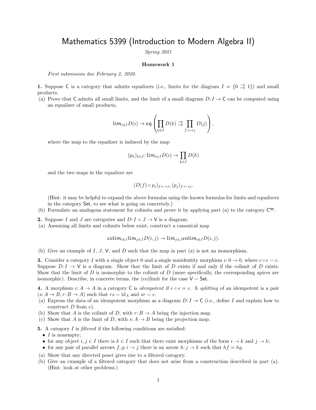 Mathematics 5399 (Introduction to Modern Algebra II) Spring 2021