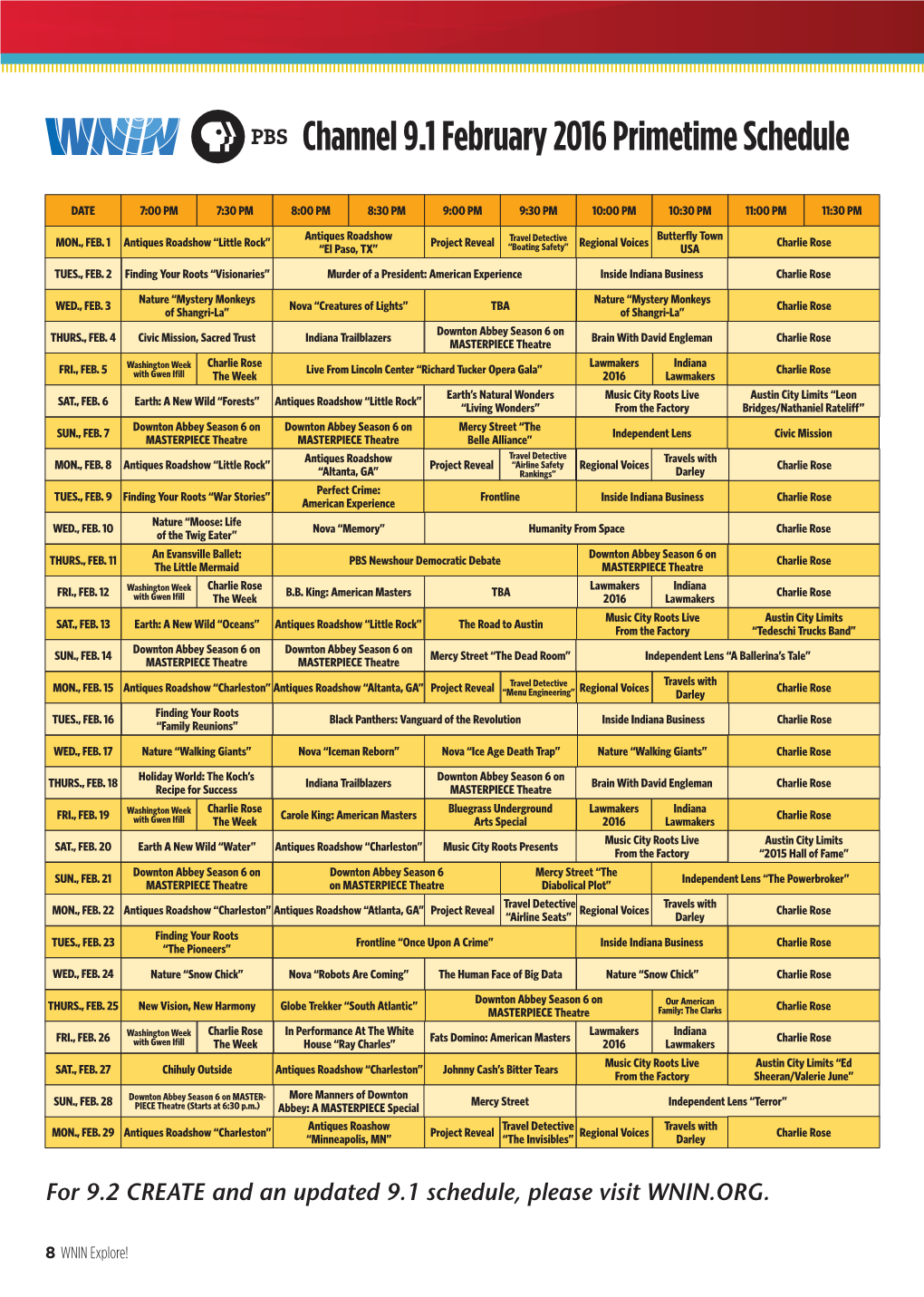 Channel 9.1 February 2016 Primetime Schedule