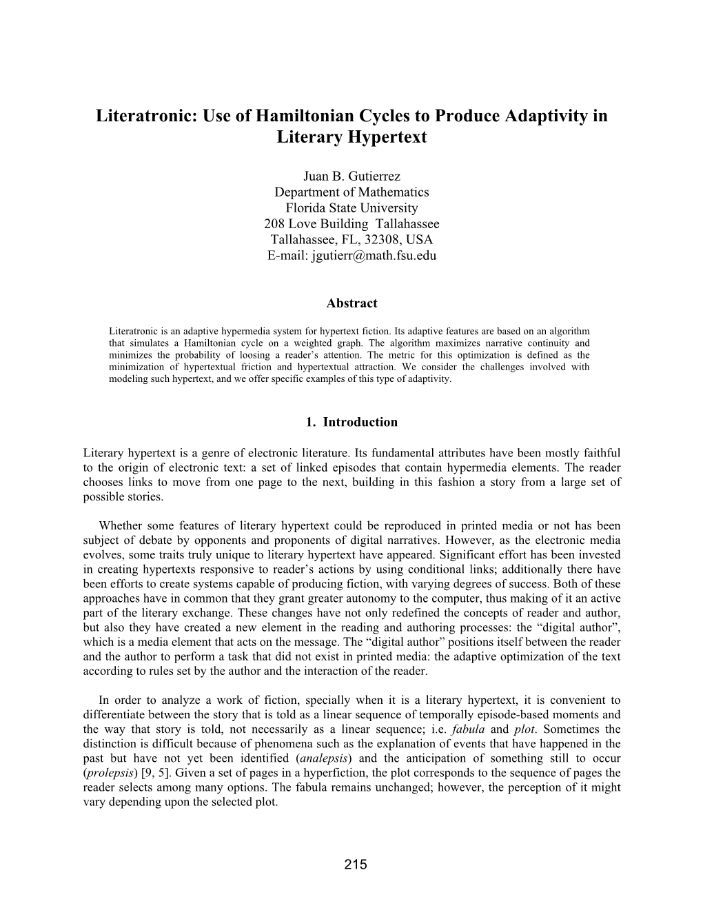 Use of Hamiltonian Cycles to Produce Adaptivity in Literary Hypertext