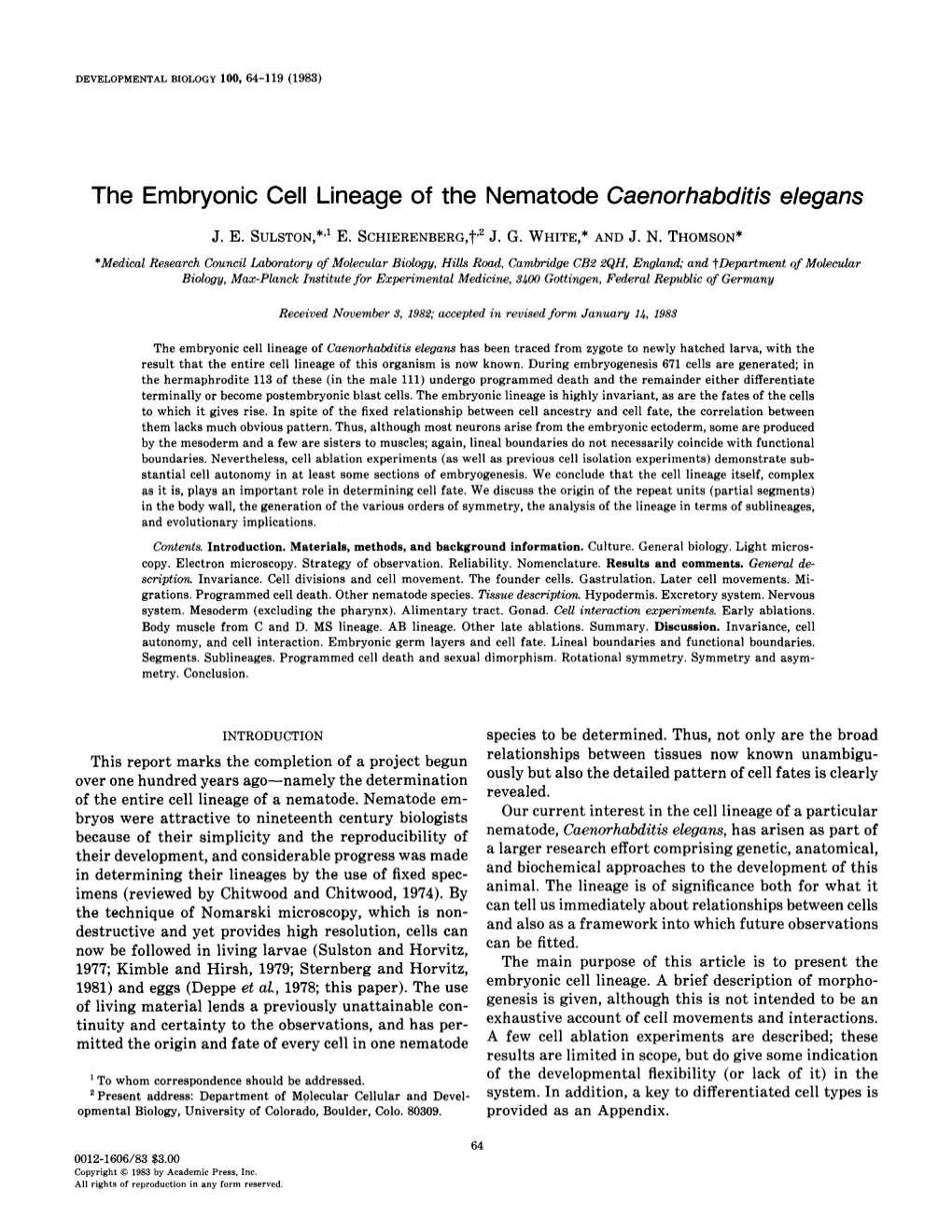The Embryonic Cell Lineage of the Nematode Caenorhabditis Elegans