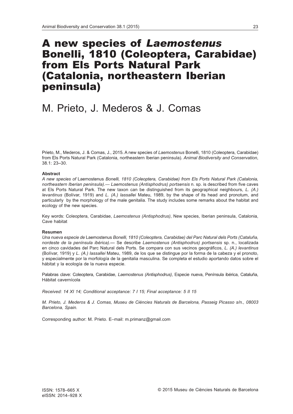 A New Species of Laemostenus Bonelli, 1810 (Coleoptera, Carabidae) from Els Ports Natural Park (Catalonia, Northeastern Iberian Peninsula)