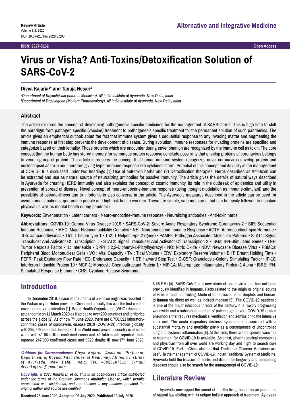 Virus Or Visha? Anti-Toxins/Detoxification Solution of SARS-Cov-2