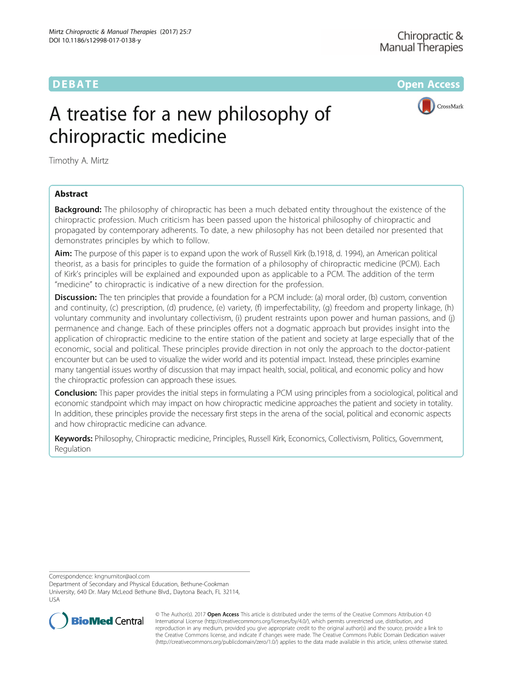 A Treatise for a New Philosophy of Chiropractic Medicine Timothy A