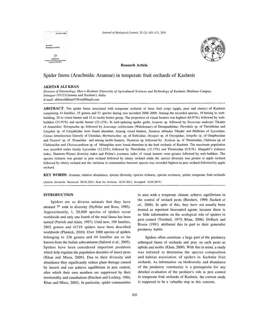 Spider Fauna (Arachnida: Araneae) in Temperate Fruit Orchards of Kashmir