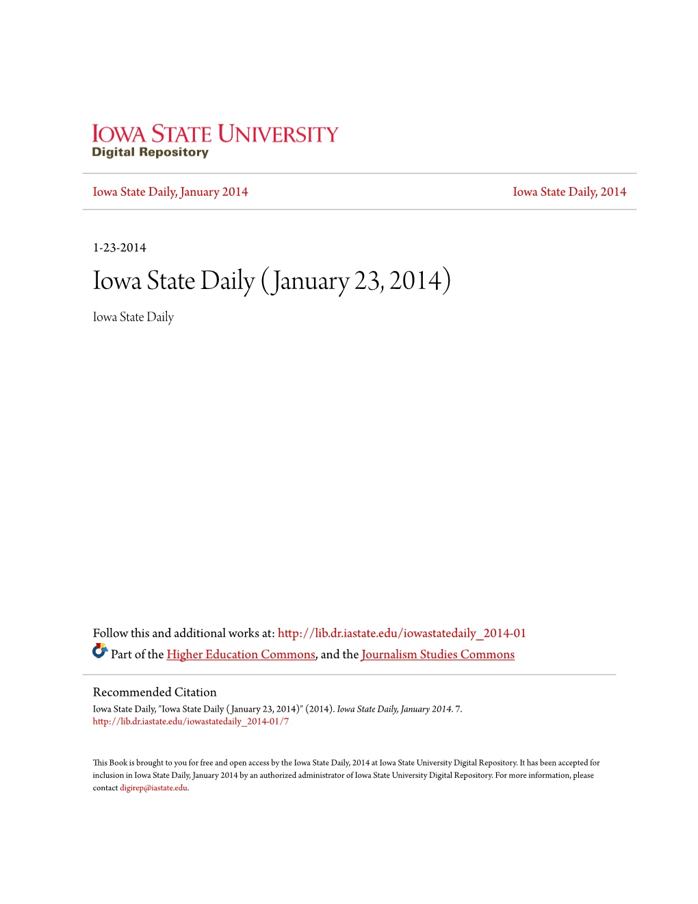 Iowa State Daily (January 23, 2014) Iowa State Daily