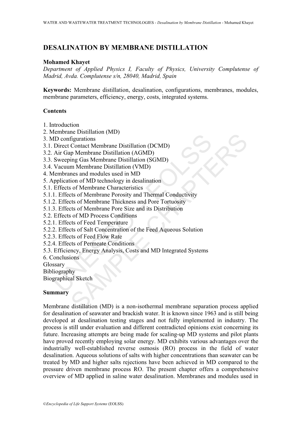 Desalination by Membrane Distillation - Mohamed Khayet