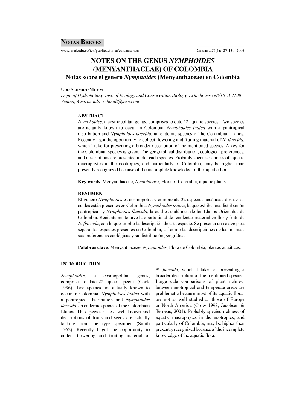 NOTES on the GENUS NYMPHOIDES (MENYANTHACEAE) of COLOMBIA Notas Sobre El Género Nymphoides (Menyanthaceae) En Colombia