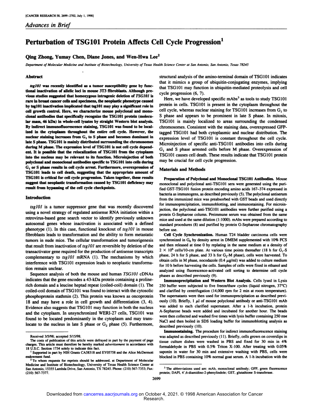 Perturbation of TSG101 Protein Affects Cell Cycle Progression1