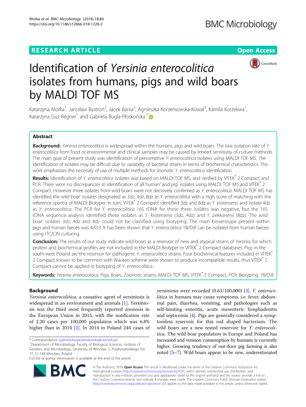 Identification of Yersinia Enterocolitica Isolates from Humans, Pigs and Wild