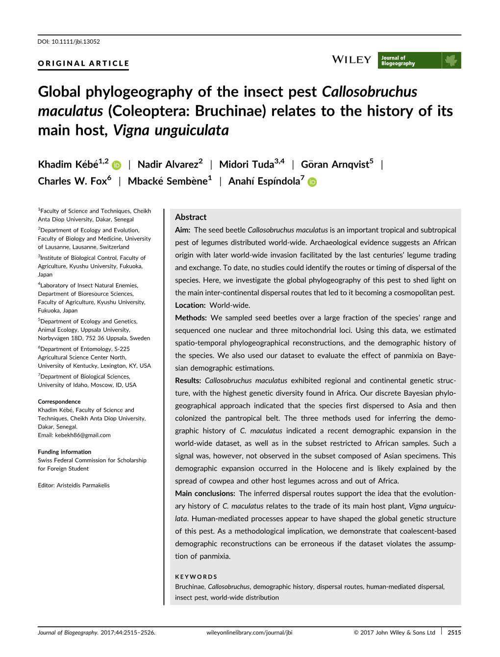 Global Phylogeography of the Insect Pest Callosobruchus Maculatus (Coleoptera: Bruchinae) Relates to the History of Its Main Host, Vigna Unguiculata