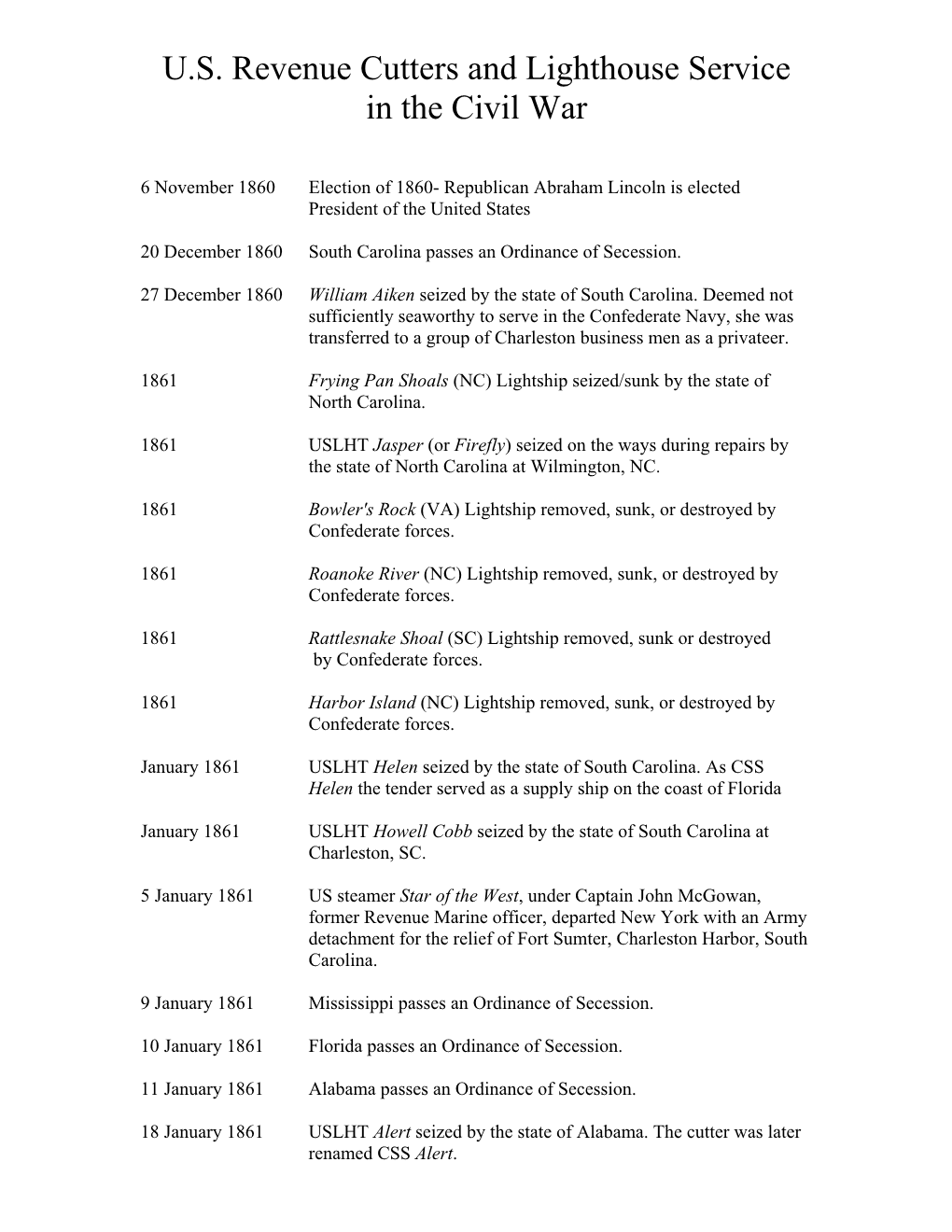 Revenue Cutter & Lighthouse Service Civil War Chronology