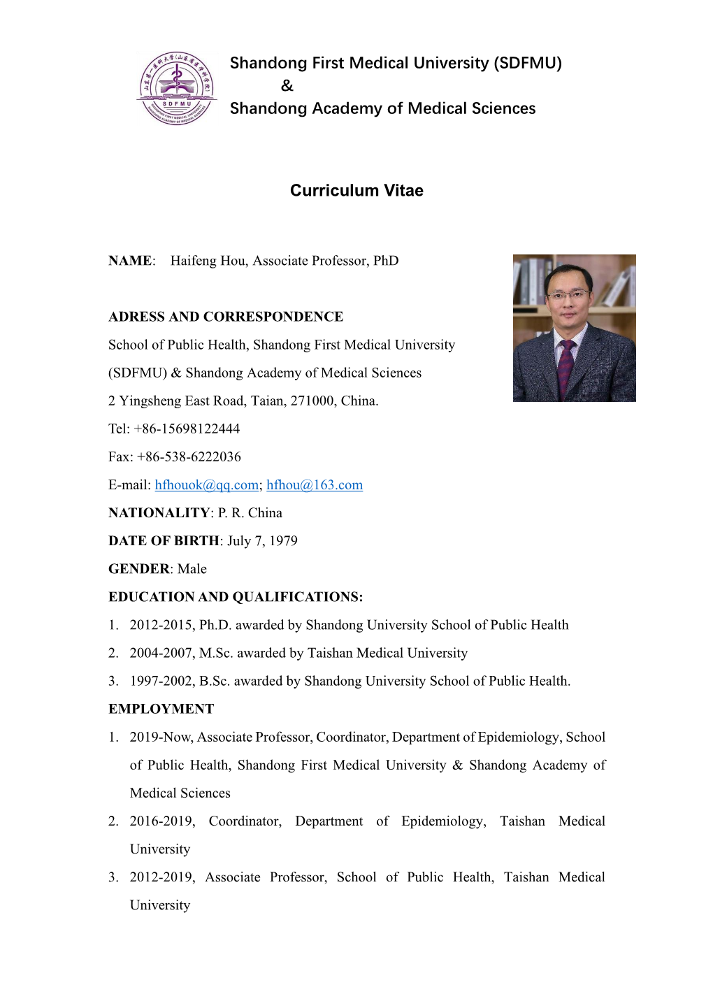 (SDFMU) & Shandong Academy of Medical Sciences Curriculum Vitae