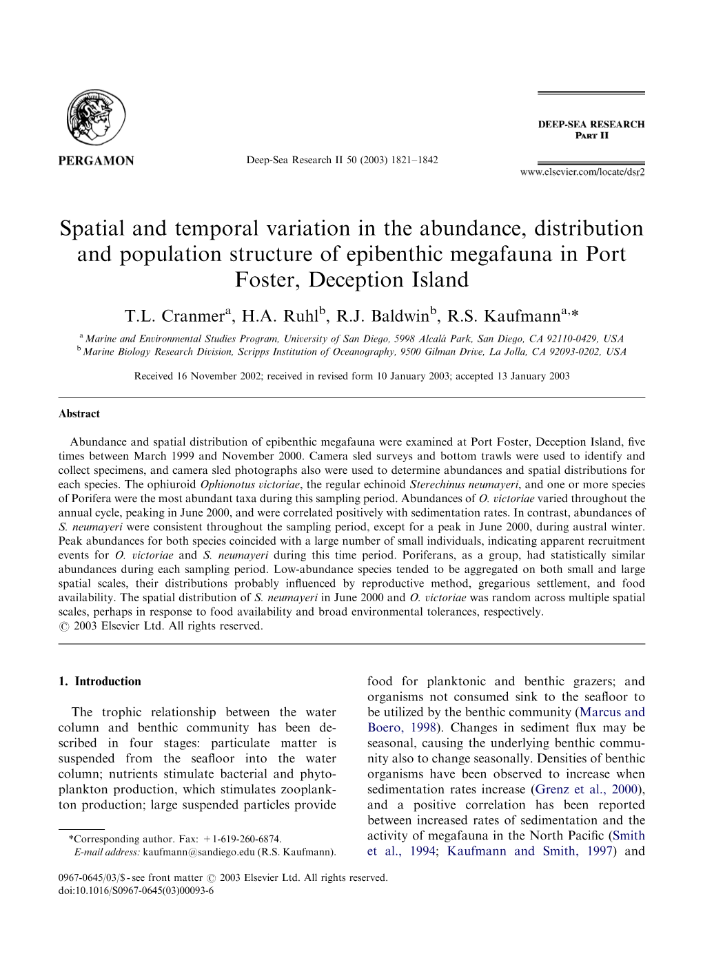 Spatial and Temporal Variation in the Abundance, Distribution and Population Structure of Epibenthic Megafauna in Port Foster, Deception Island