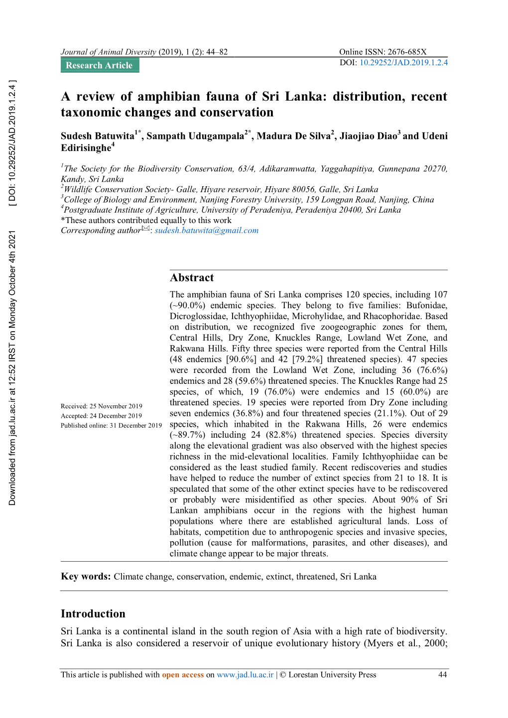 A Review of Amphibian Fauna of Sri Lanka: Distribution, Recent Taxonomic Changes and Conservation