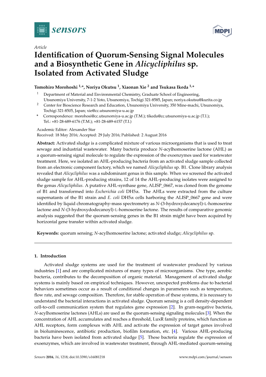 Identification of Quorum-Sensing Signal Molecules and a Biosynthetic Gene in Alicycliphilus Sp. Isolated from Activated Sludge