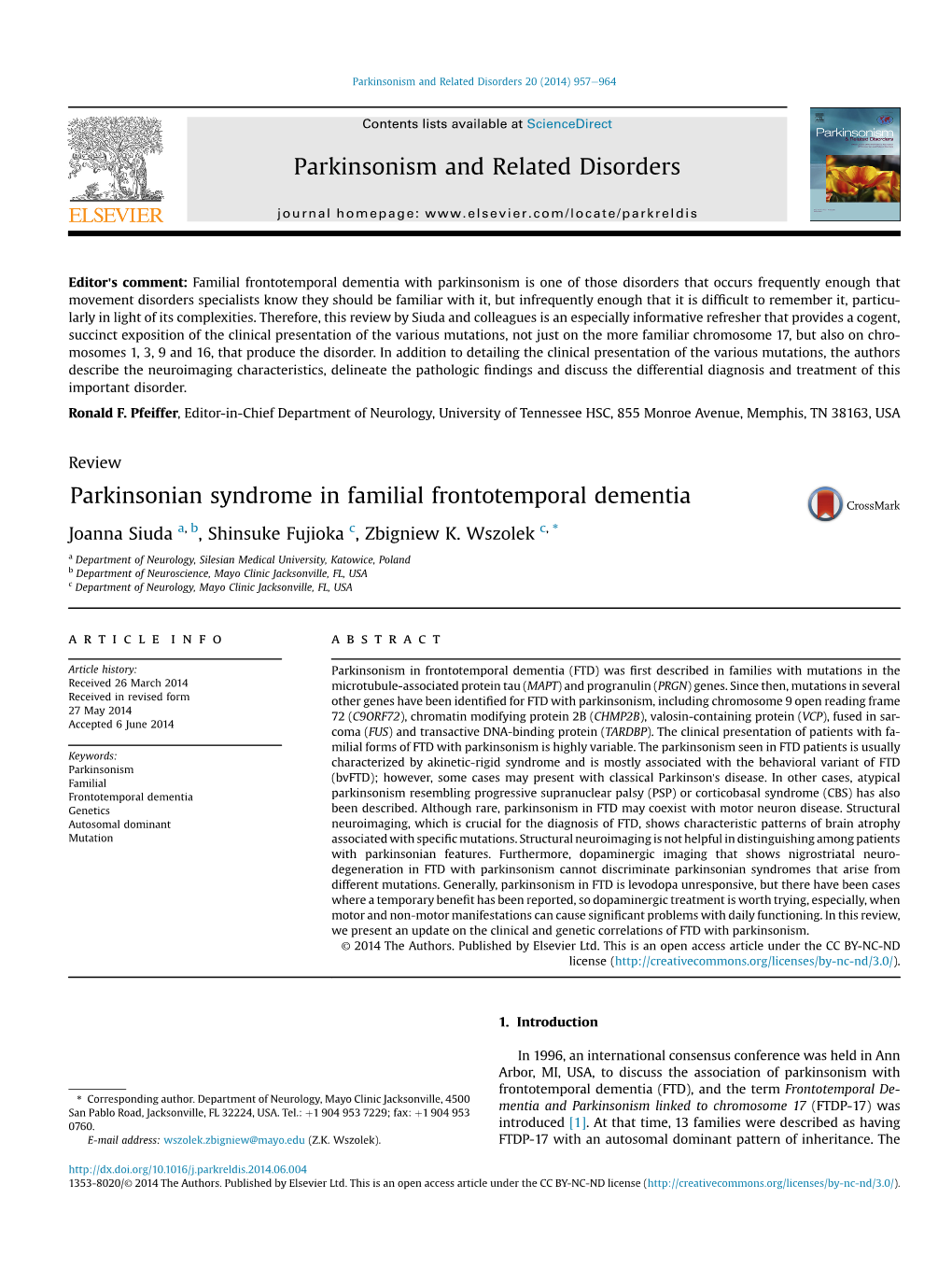 Parkinsonian Syndrome in Familial Frontotemporal Dementia