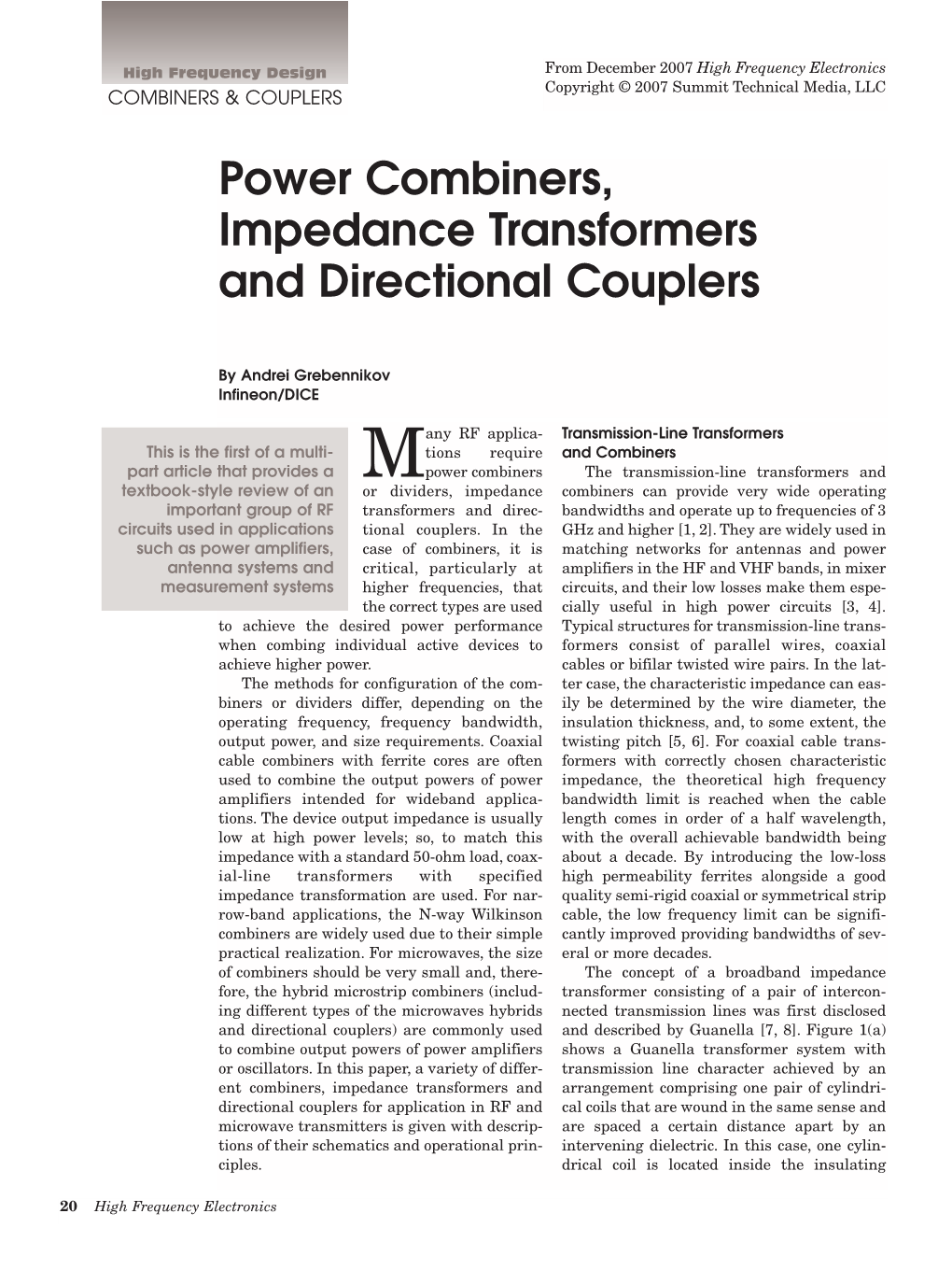 Power Combiners, Impedance Transformers and Directional Couplers