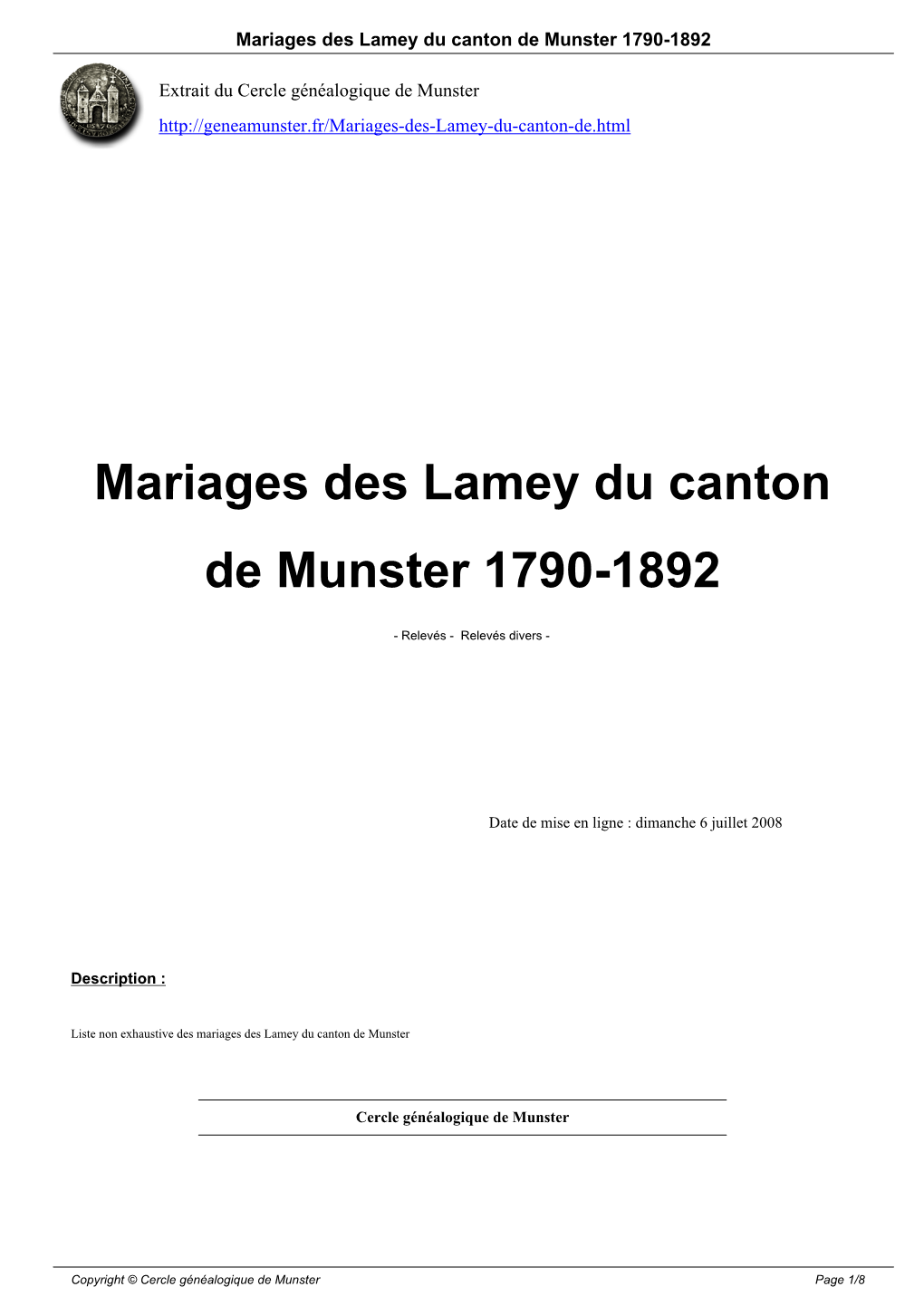 Mariages Des Lamey Du Canton De Munster 1790-1892