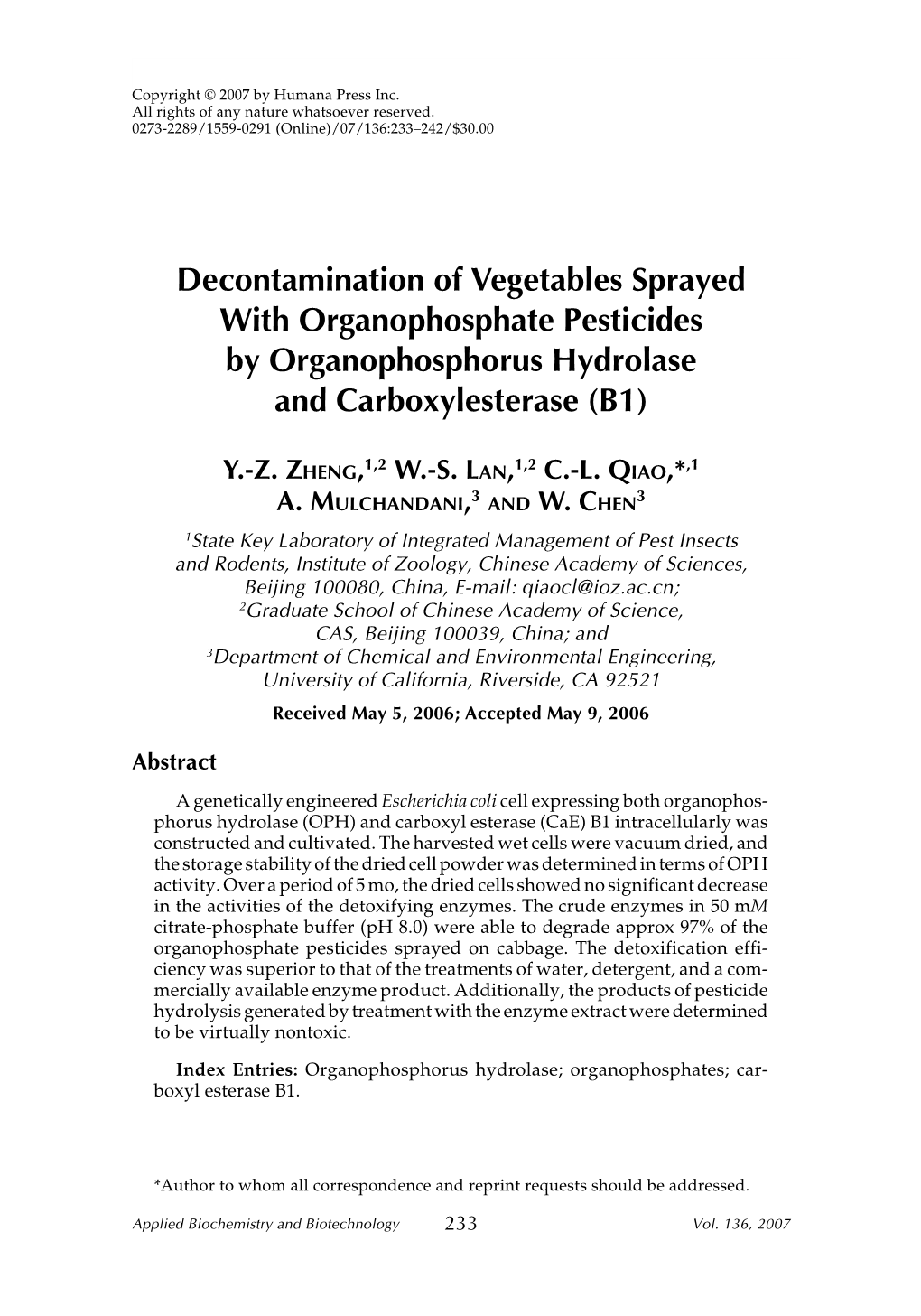 Decontamination of Vegetables Sprayed with Organophosphate Pesticides by Organophosphorus Hydrolase and Carboxylesterase (B1)