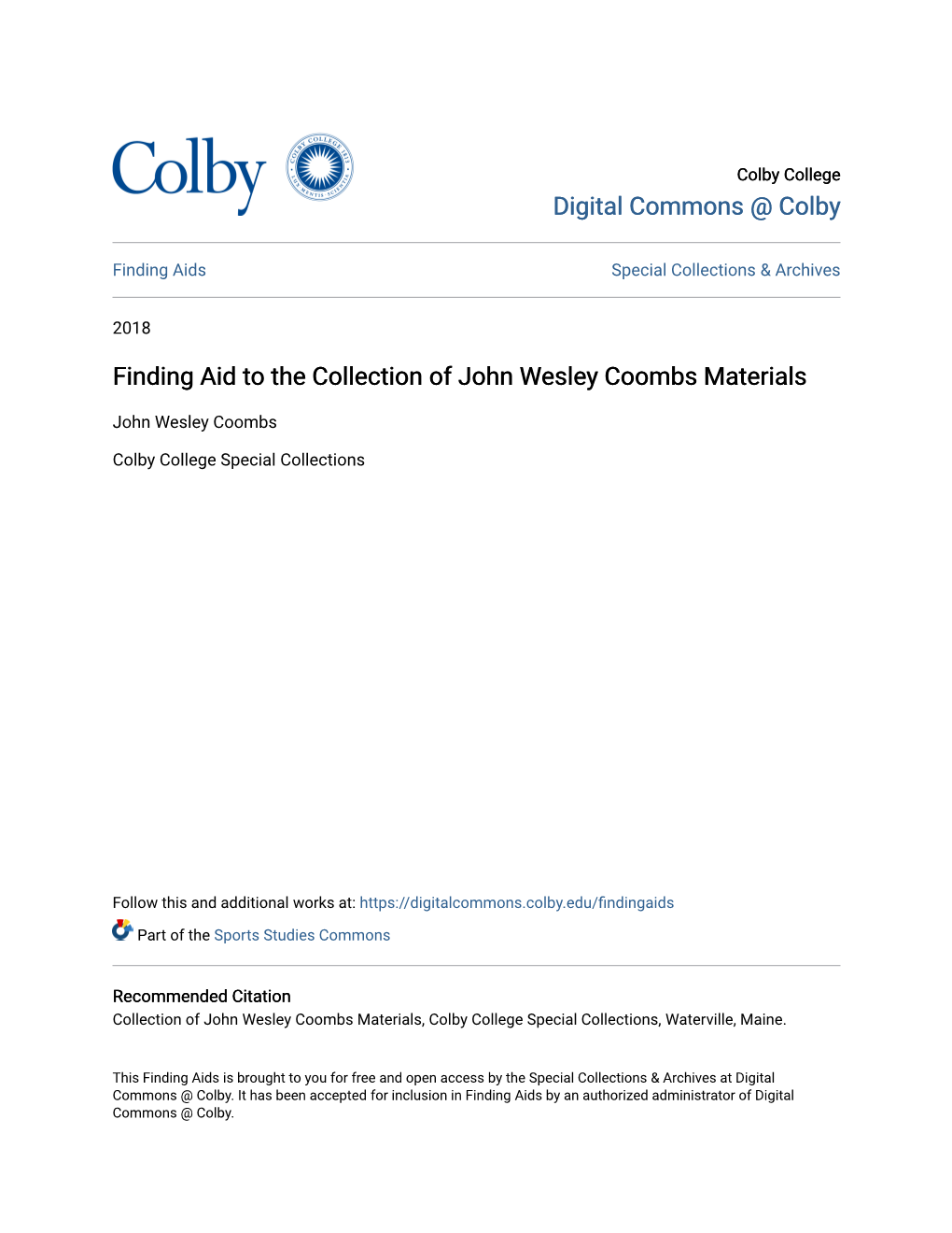 Finding Aid to the Collection of John Wesley Coombs Materials